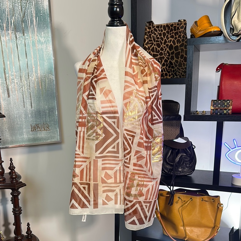 Vintage Brown and Gold Scarf with Geometric Pattern